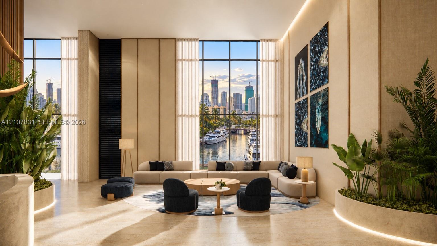 Double-height floor-to-ceiling windows, natural stone flooring, integrated perimeter accent lighting, and custom built-in stone planters Double-height floor-to-ceiling windows, natural stone flooring, integrated perimeter accent lighting, and custom built-in stone planters