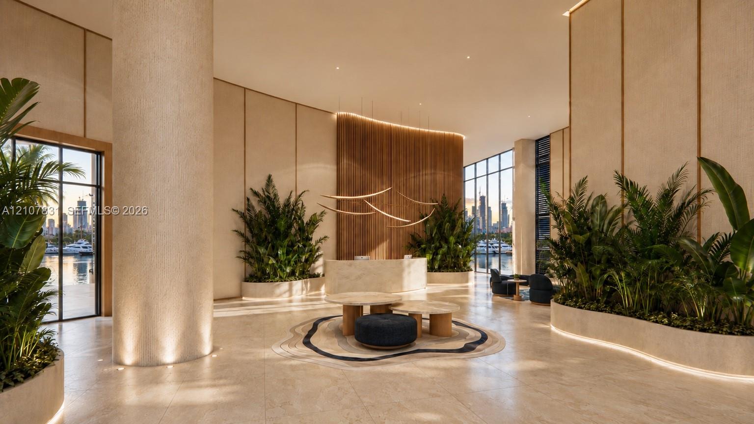 Grand lobby featuring stone flooring, floor-to-ceiling windows, integrated planter beds, vertical wood-slat wall paneling, and a stone-clad reception desk Grand lobby featuring stone flooring, floor-to-ceiling windows, integrated planter beds, vertical wood-slat wall paneling, and a stone-clad reception desk