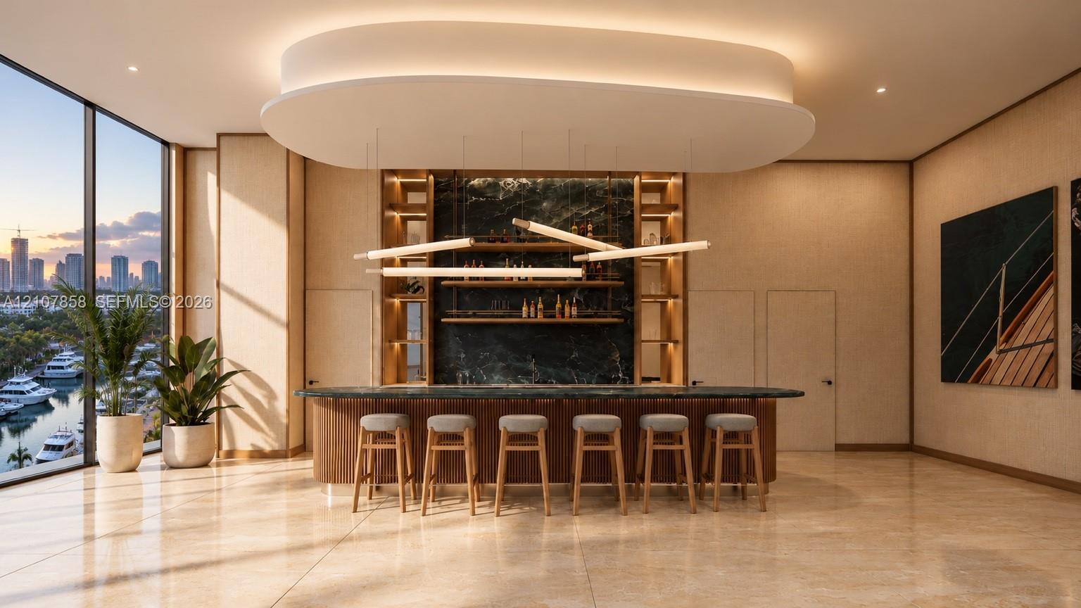 Custom bar featuring a stone countertop, tiered shelving with integrated lighting, a dark stone backsplash, and a curvilinear drop ceiling with suspended linear pendant fixtures