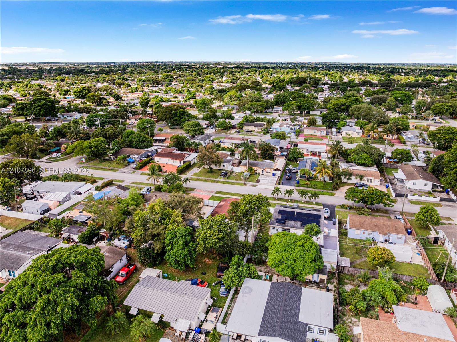 Aerial perspective of a residential neighborhood featuring mature canopy trees, paved streets, and a mix of roof styles