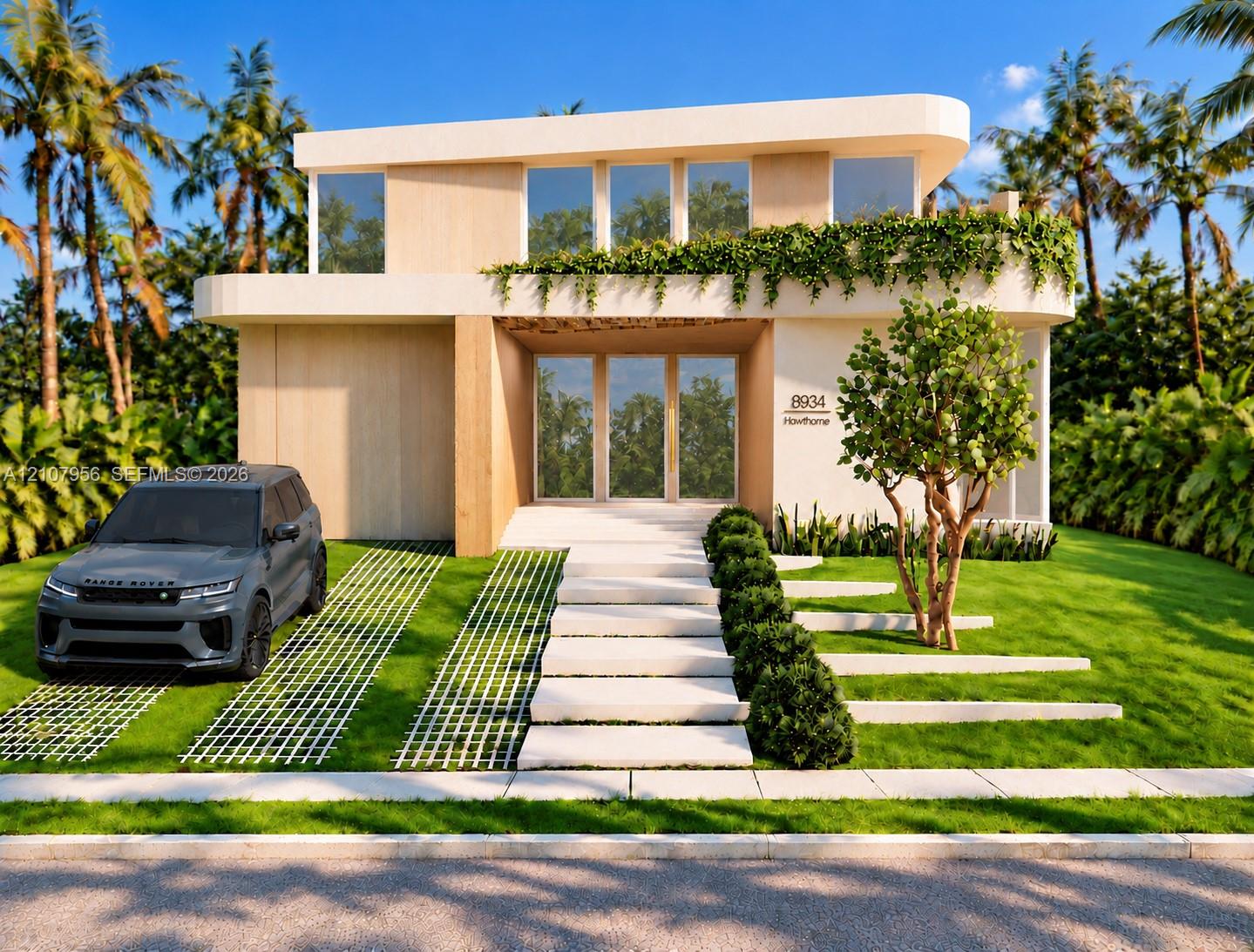 Modern two-story architectural exterior featuring smooth stucco cladding, natural wood-finish siding, integrated second-story greenery, floor-to-ceiling glass entry, and linear concrete hardscaping Modern two-story architectural exterior featuring smooth stucco cladding, natural wood-finish siding, integrated second-story greenery, floor-to-ceiling glass entry, and linear concrete hardscaping