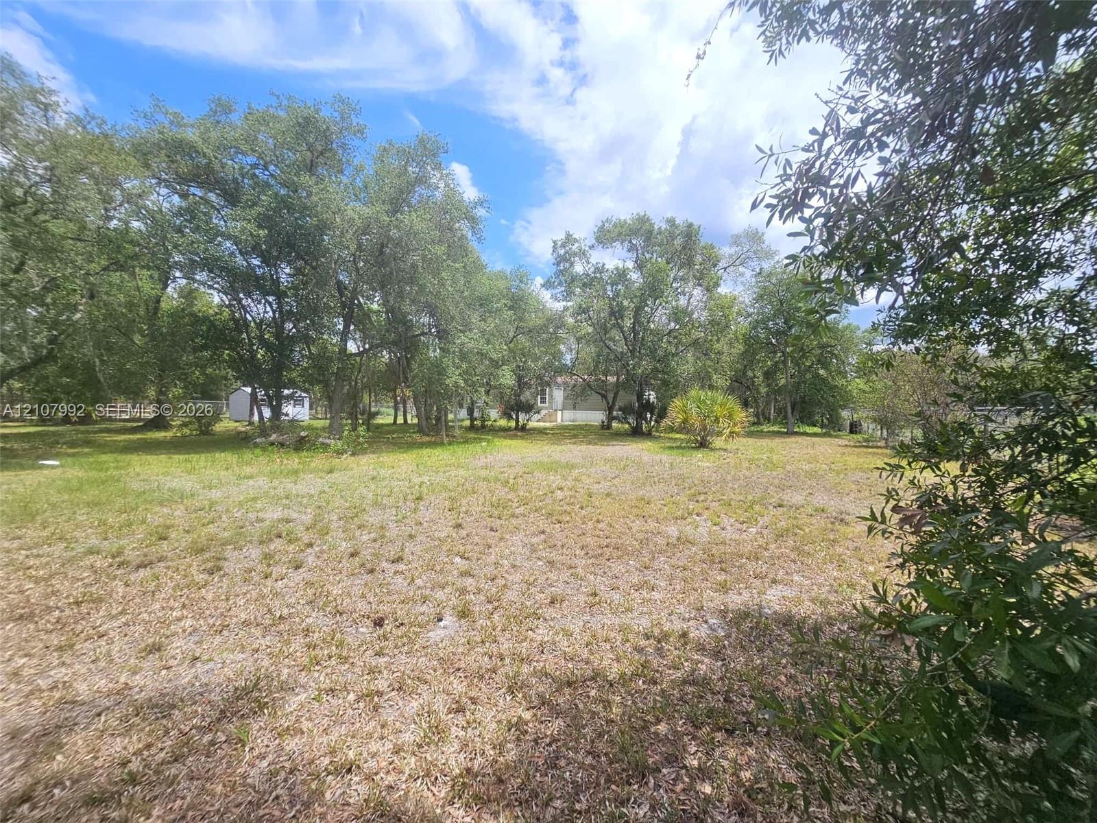 Expansive, open-parcel lot featuring mature trees and a detached storage shed