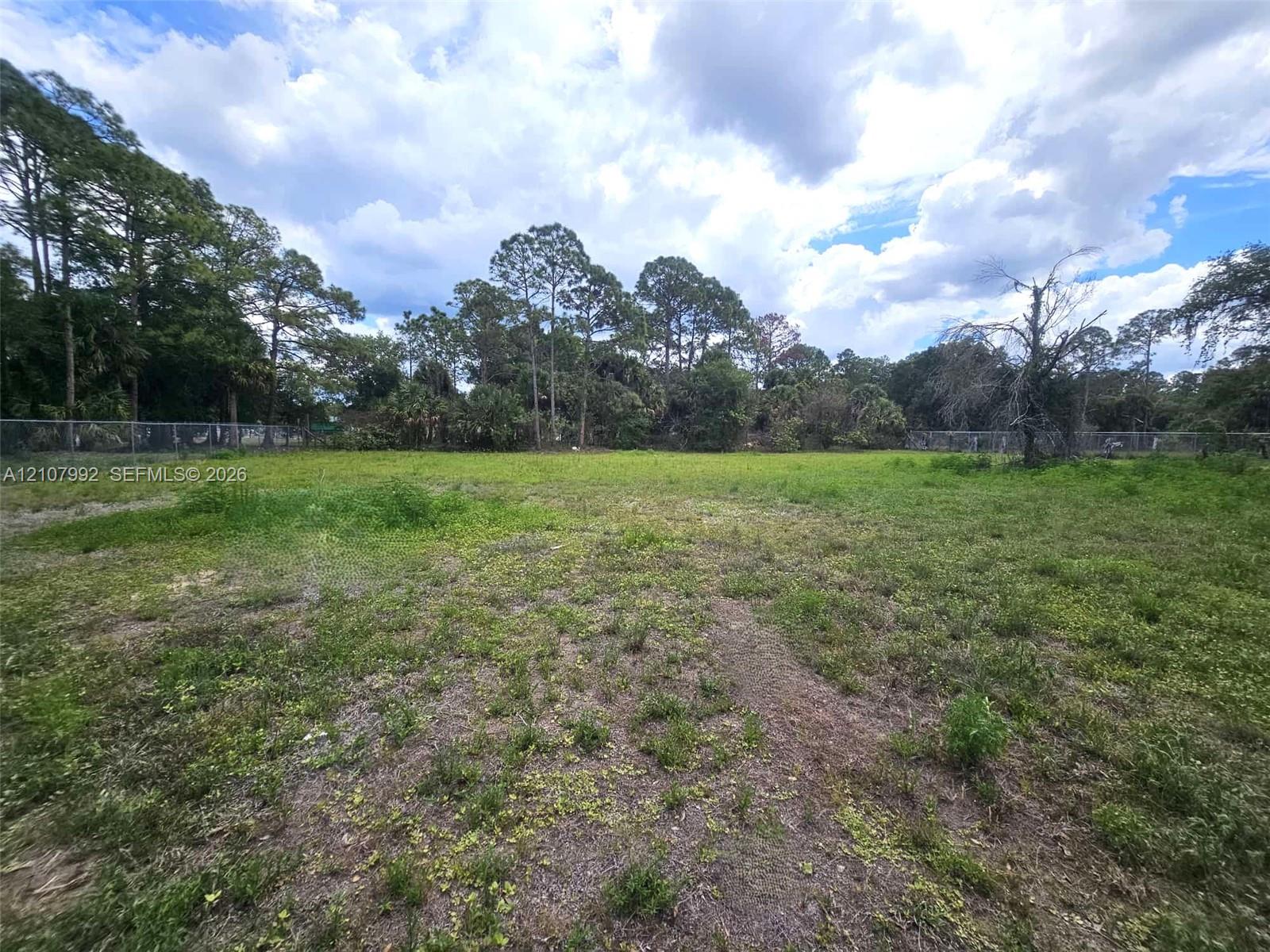 Expansive lot featuring cleared ground cover, mature perimeter trees, and chain-link fencing