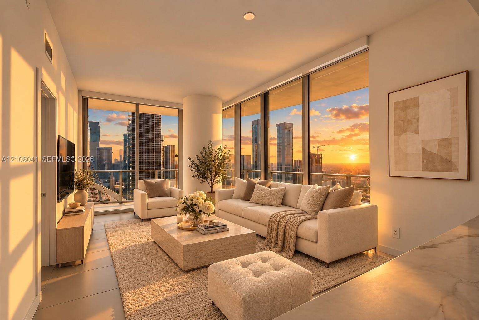 Expansive floor-to-ceiling windows, cityscape scenery, recessed lighting, and a smooth ceiling finish Expansive floor-to-ceiling windows, cityscape scenery, recessed lighting, and a smooth ceiling finish