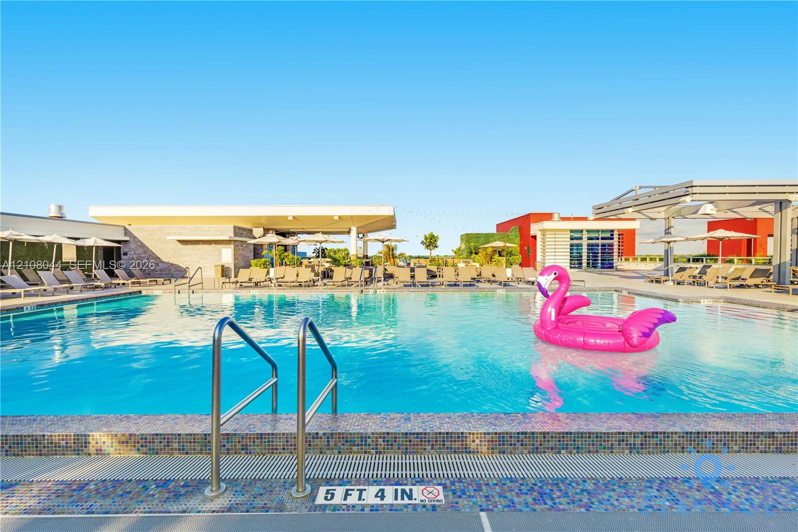 Swimming pool with a tile-trimmed edge, stainless steel ladder, and surrounding paved deck with covered structures