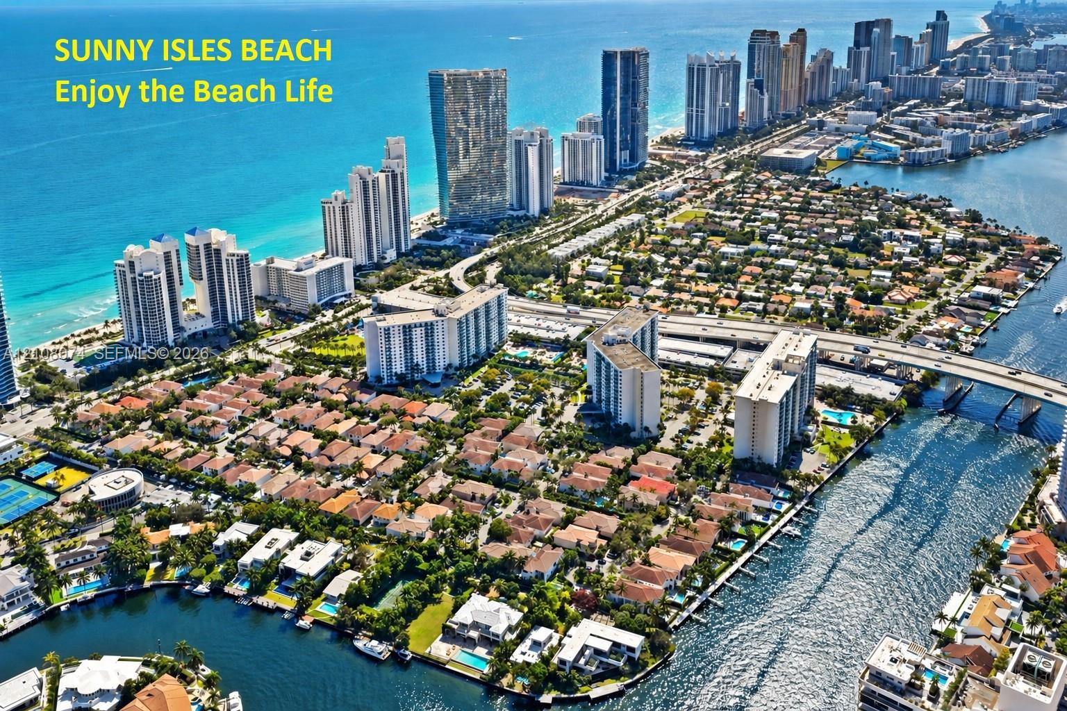 Aerial perspective of Sunny Isles Beach featuring coastal shoreline, high-rise architecture, residential development, inland waterways Aerial perspective of Sunny Isles Beach featuring coastal shoreline, high-rise architecture, residential development, inland waterways
