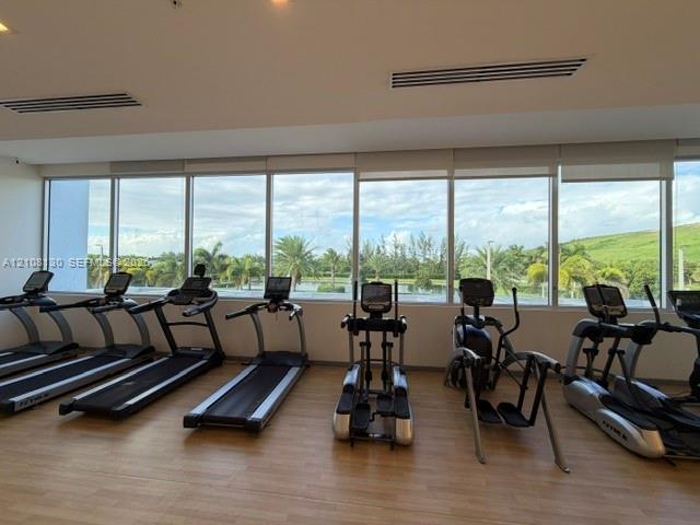 Fitness facility featuring wood-finish flooring, floor-to-ceiling windows, and recessed lighting