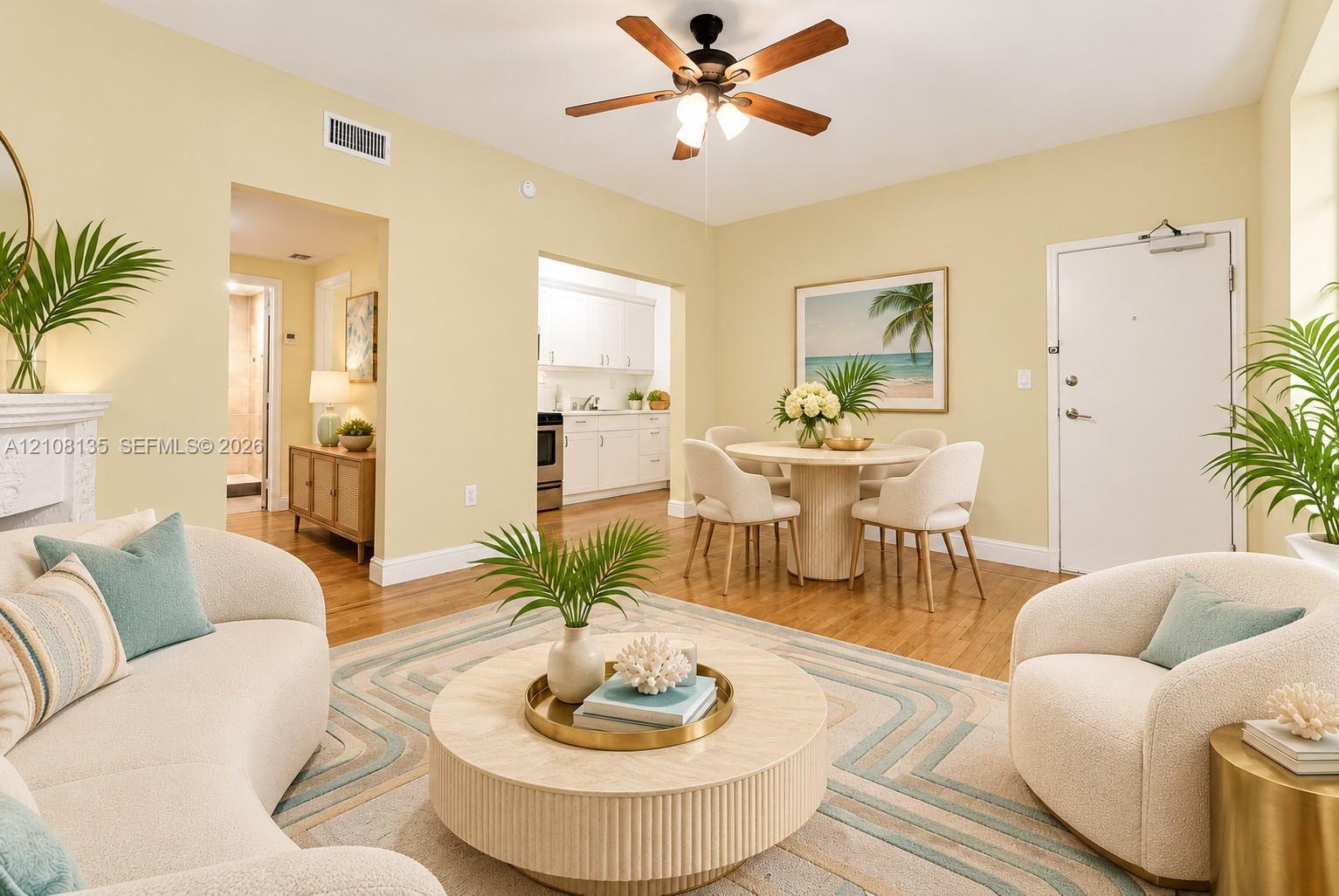 Living area featuring wood-finish flooring, decor fireplace, and a multi-blade ceiling fan. ai furniture Living area featuring wood-finish flooring, decor fireplace, and a multi-blade ceiling fan. ai furniture