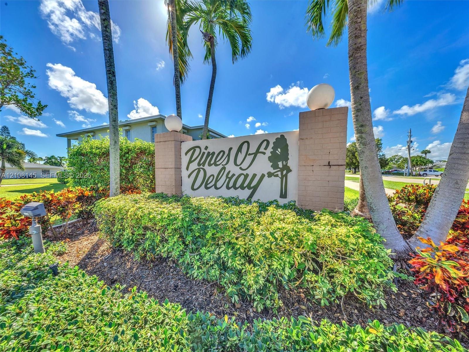 Community monument sign featuring masonry construction, spherical accent lighting, and manicured tropical landscaping with mature palm trees