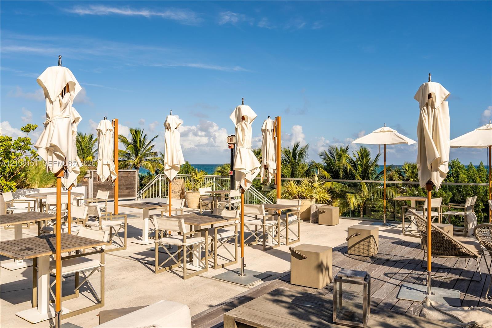 Expansive rooftop terrace featuring wood-finish decking, integrated glass and metal perimeter railings, and mature palm tree landscaping