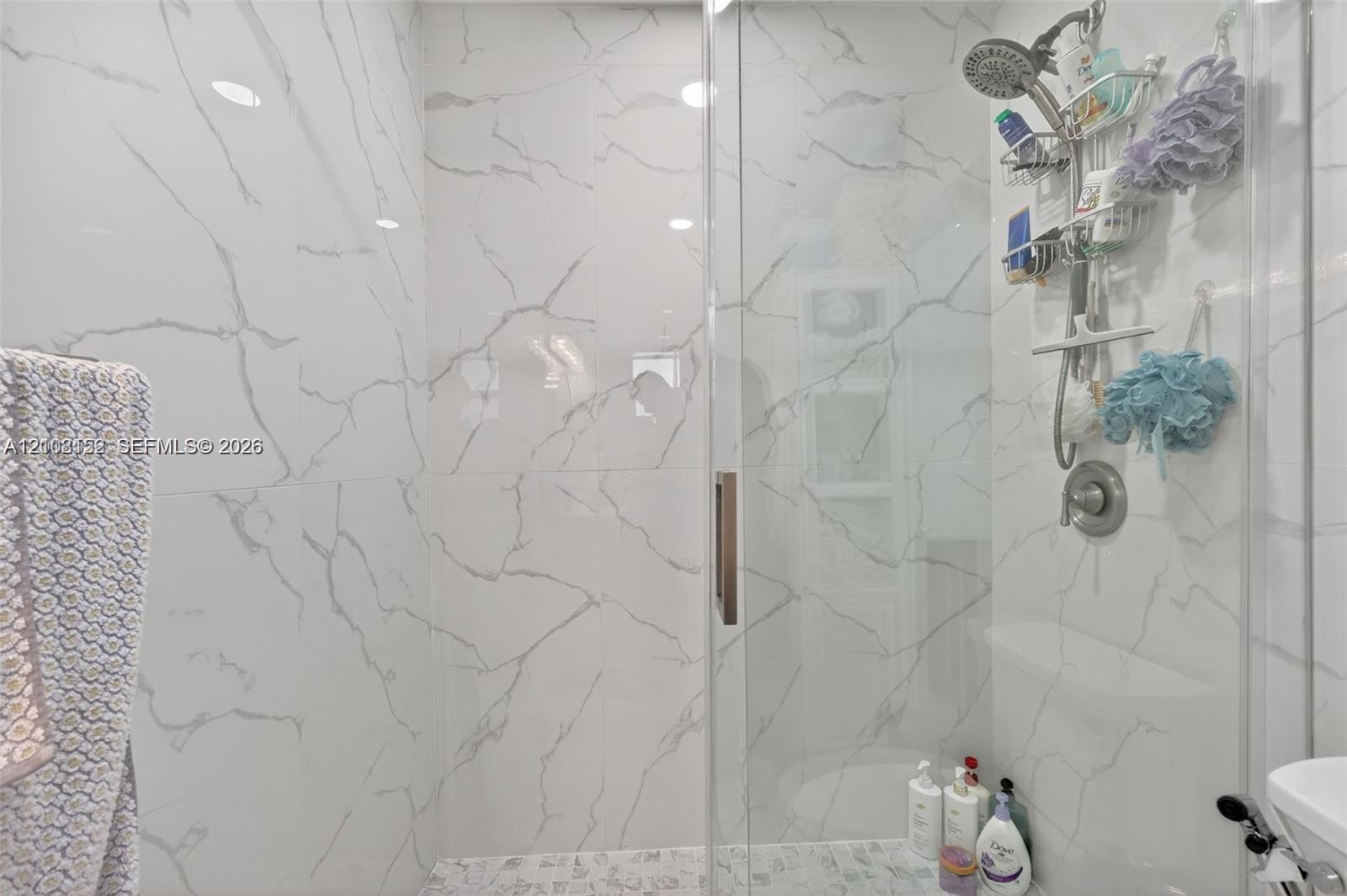 Walk-in shower enclosure featuring floor-to-ceiling large-format stone-patterned tile, glass door with metallic hardware, recessed wall niche, and mosaic tile flooring
