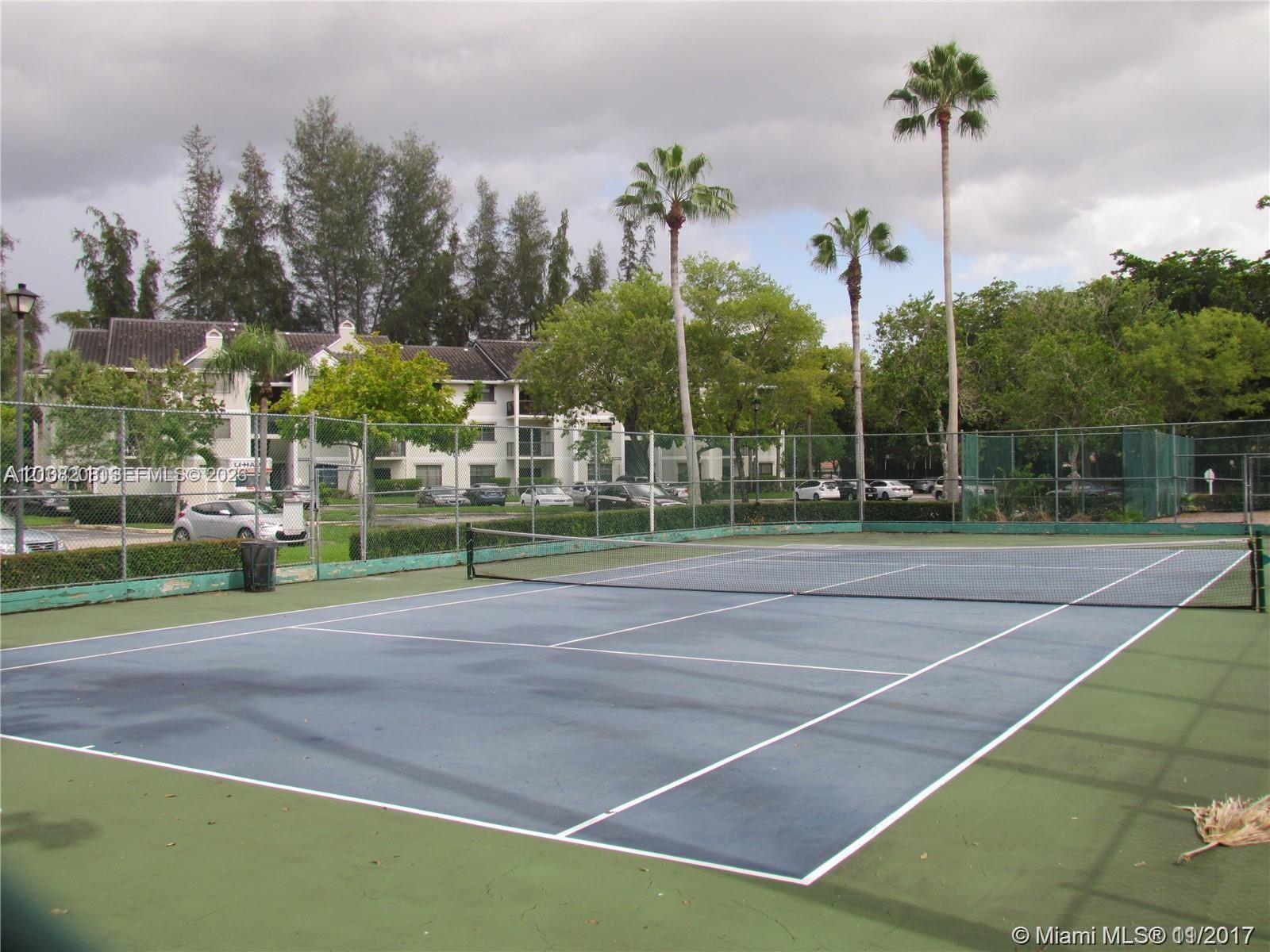 Tennis court with a fenced perimeter and surrounding mature palm trees