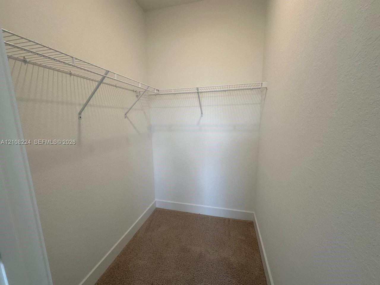 Walk-in storage space featuring neutral carpeting and tiered white wire shelving