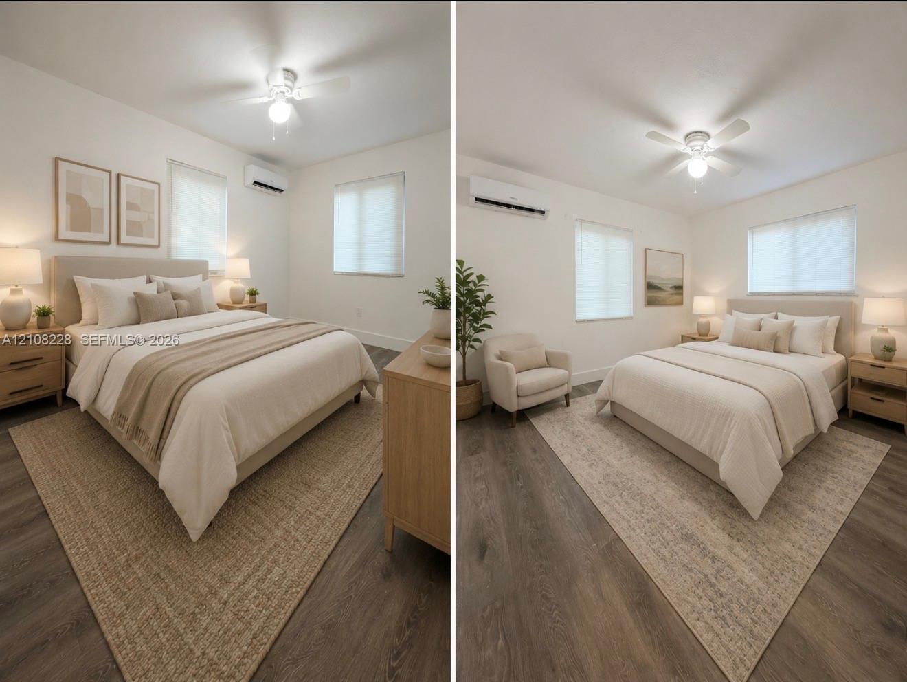 Wood-finish flooring, wall-mounted ductless climate control unit, and ceiling fan with integrated light fixture