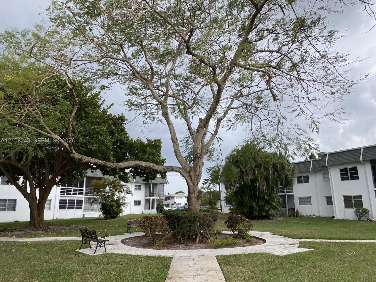 Landscaped grounds featuring a stone-paved central path and a circular paver accent surrounding a mature tree