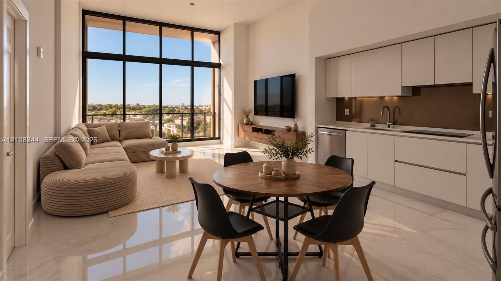 High-gloss cabinetry, stone-finish tile flooring, integrated stainless steel appliances, wall-mounted oven, and high ceilings