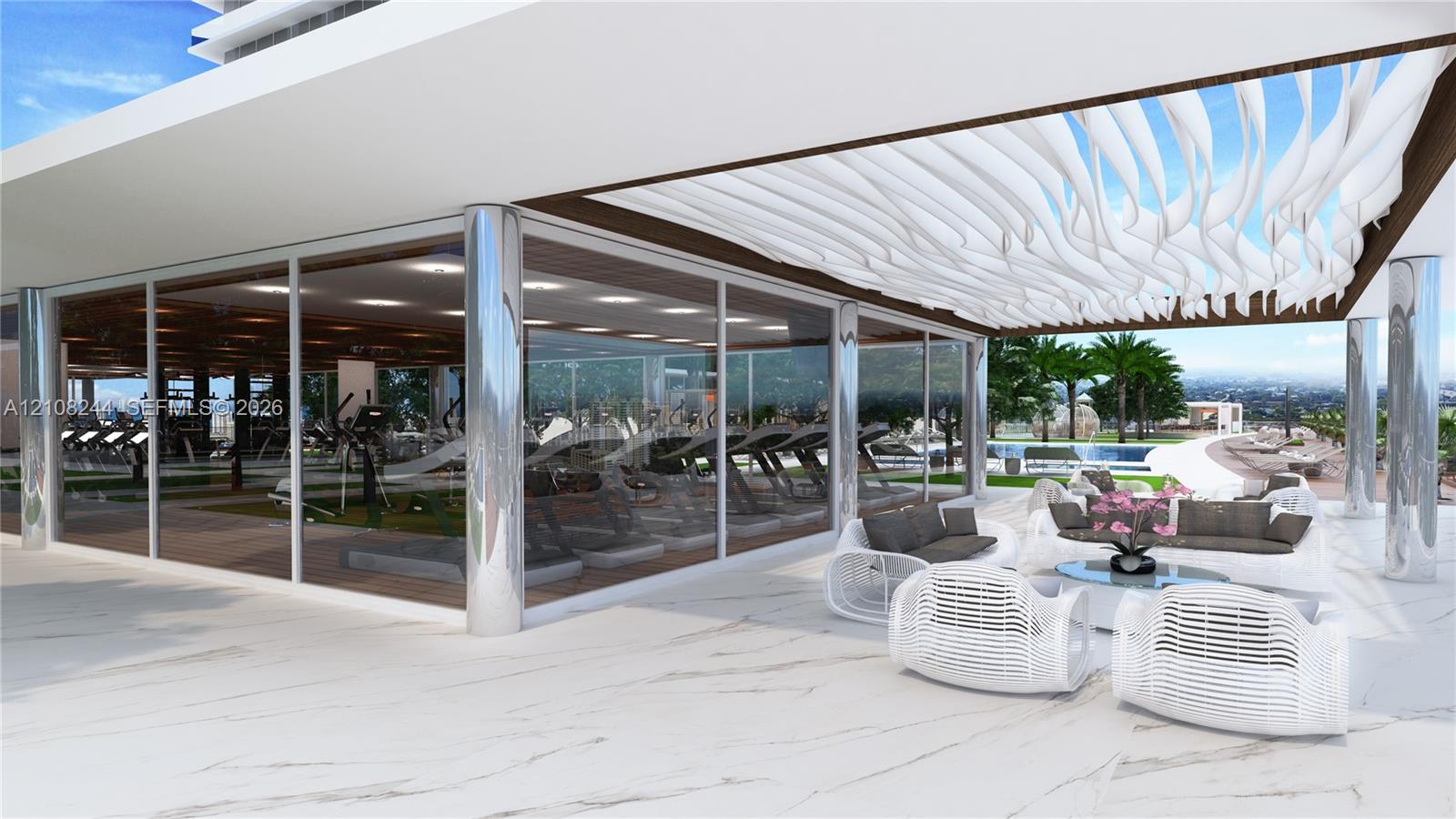 Common area featuring floor-to-ceiling windows, polished tile flooring, recessed ceiling lighting, and a built-in bar with mirror backsplash
