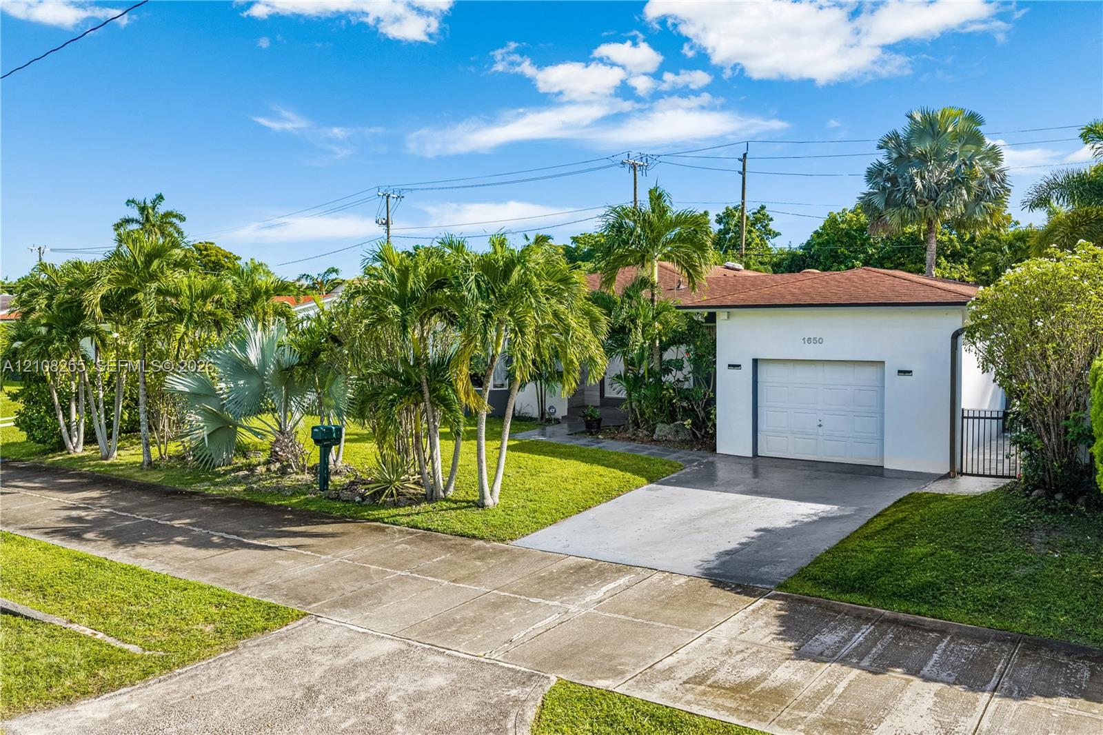 Single-story stucco exterior featuring a concrete driveway, attached garage, shingle roof, and mature palm landscaping