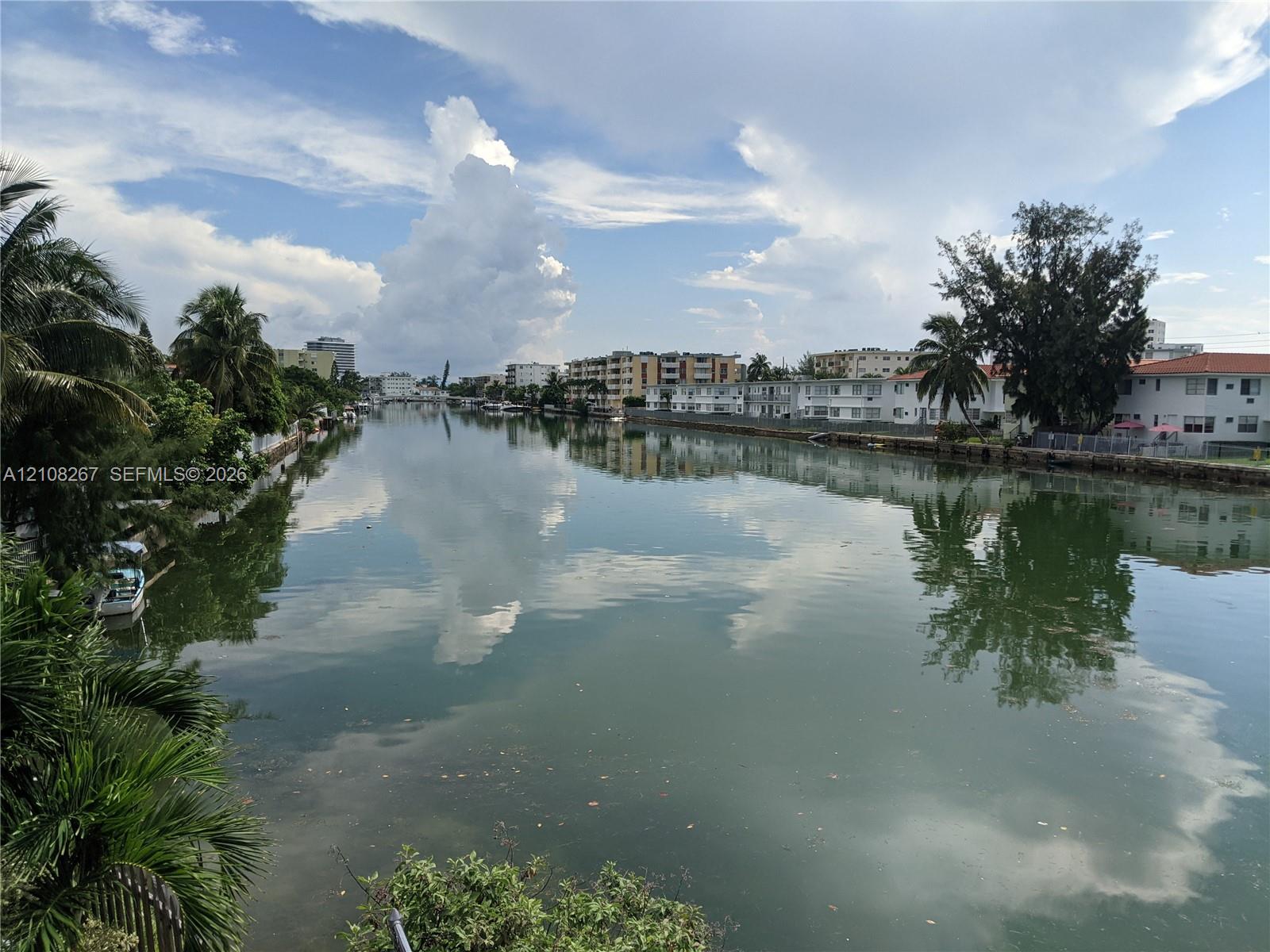 Waterfront canal exposure with mature tropical landscaping and shoreline palms