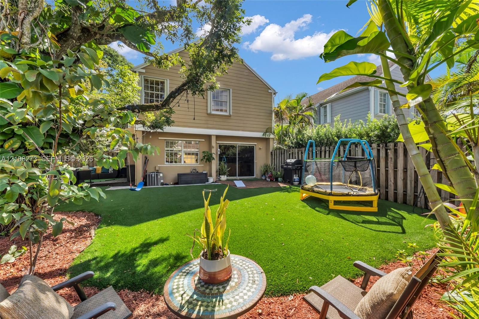 Fenced backyard featuring synthetic turf, wood-siding exterior, and mature landscape
