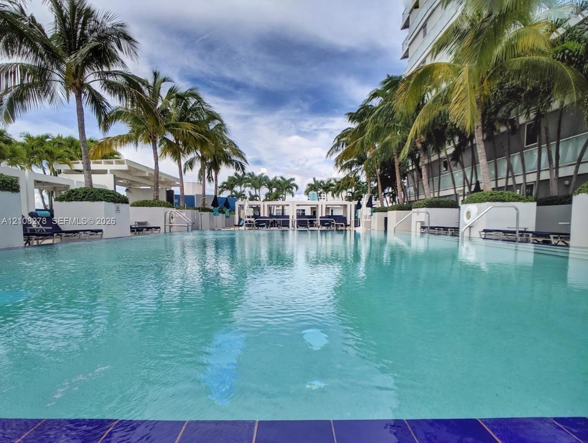 Swimming pool with tiled perimeter, featuring cabanas, concrete partitions, and mature palm trees