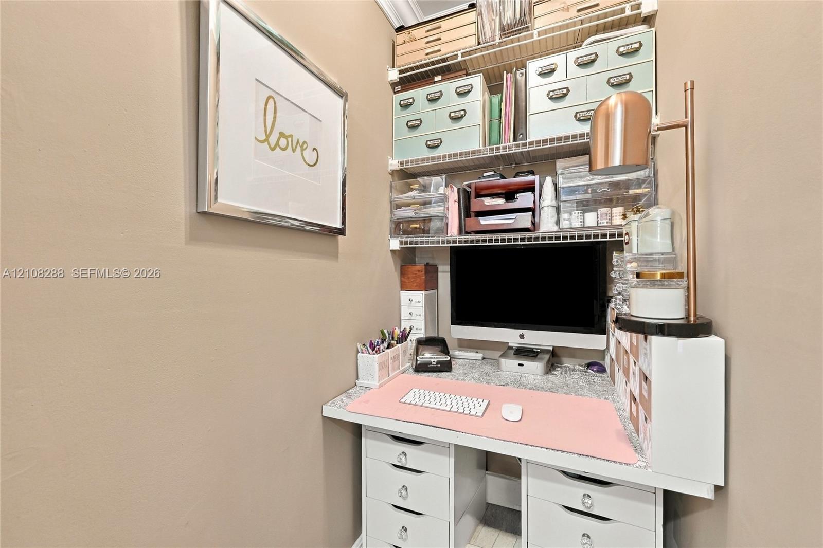 Storage area converted to an office that can be converted back into storage or maintained as an office for remote individuals or for a stay at home parent. Storage area converted to an office that can be converted back into storage or maintained as an office for remote individuals or for a stay at home parent.