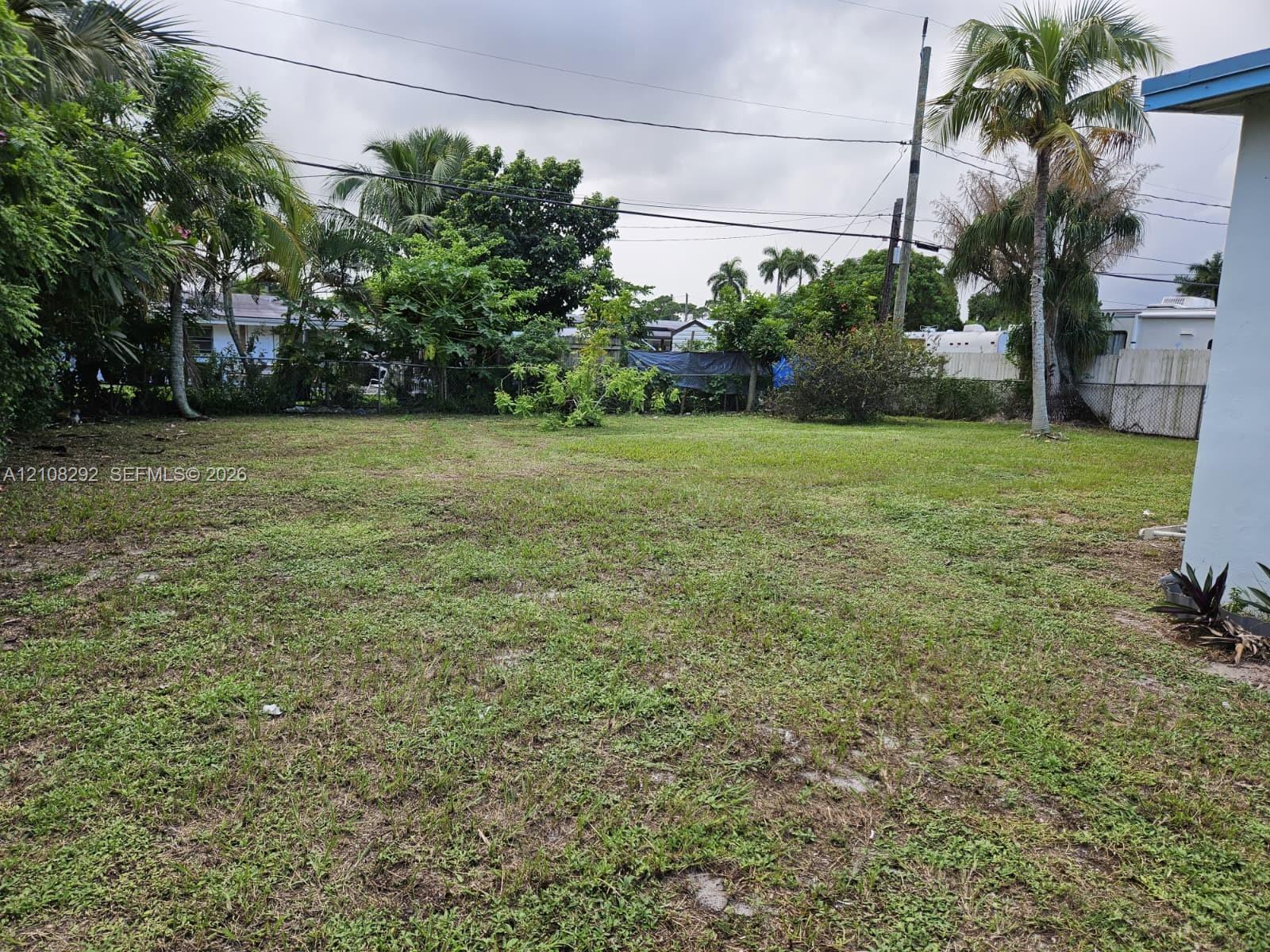 Expansive backyard featuring mature palms, established landscaping, and perimeter fencing