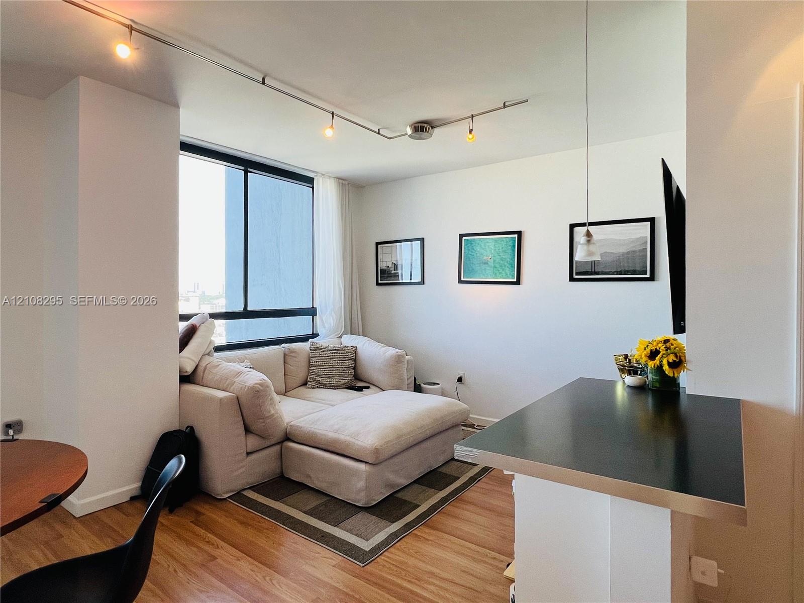 Floor-to-ceiling window, wood-finish flooring, adjustable track lighting, and built-in counter surface with a metallic edge