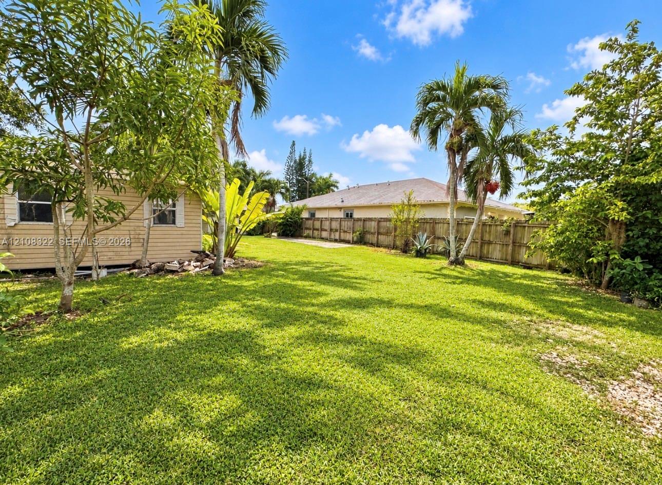 Expansive backyard featuring a lush grass lawn, mature palm trees, diverse native vegetation, and a full-height wood perimeter fence