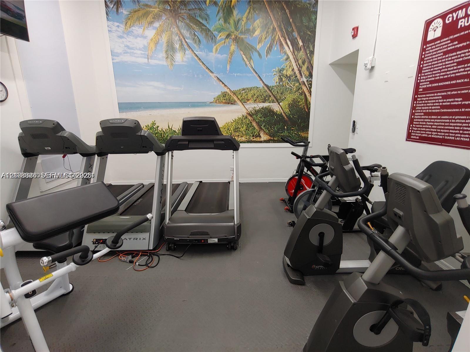 Fitness center featuring durable rubber flooring, wall-mounted tropical landscape mural, and recessed lighting