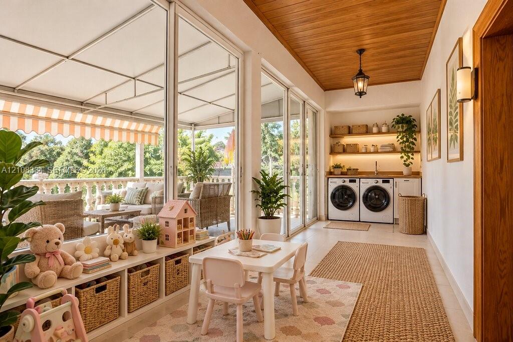 Multi-purpose room featuring floor-to-ceiling glass sliding doors, wood-paneled ceiling, built-in low cabinetry, and a laundry area with integrated shelving and countertop
