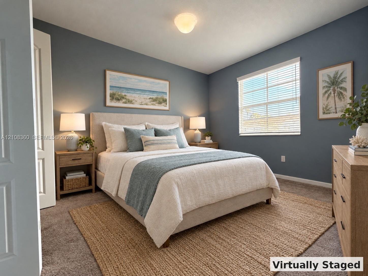 Bedroom featuring neutral carpeting, blue-toned walls, a single-hung window with horizontal blinds, and a semi-flush mount ceiling fixture