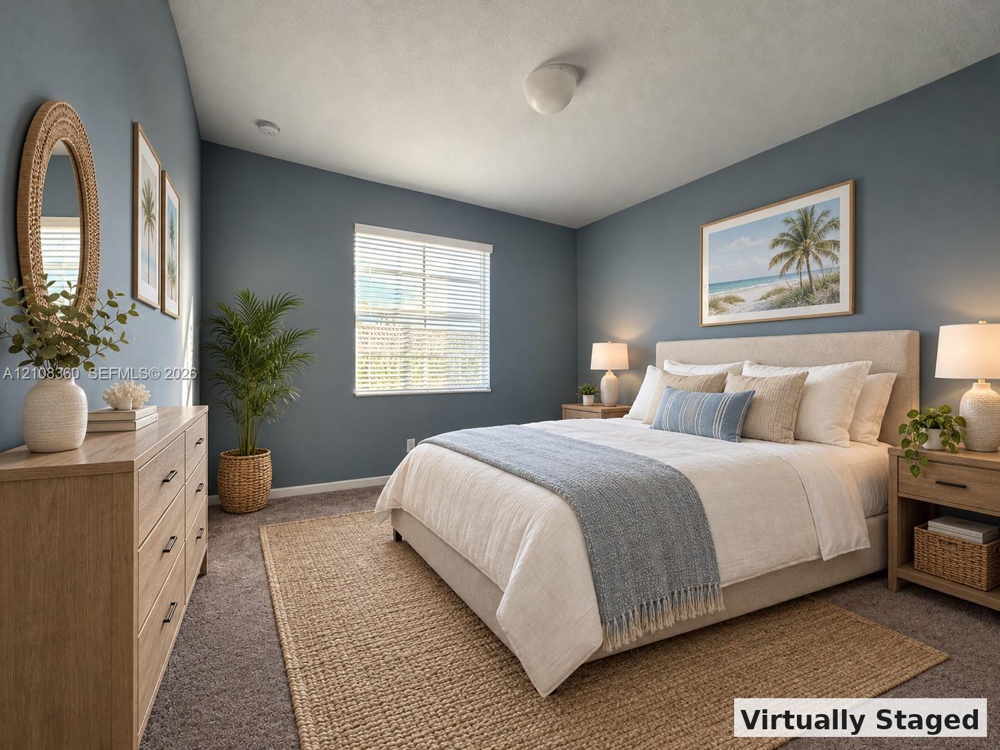 Neutral-toned carpeting, slate blue wall paint, and a single-pane window with horizontal blinds