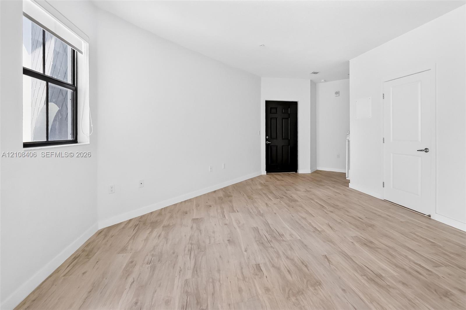 Neutral-toned wood-finish flooring, multi-pane window with black frame, solid-core black interior door, and white panel door