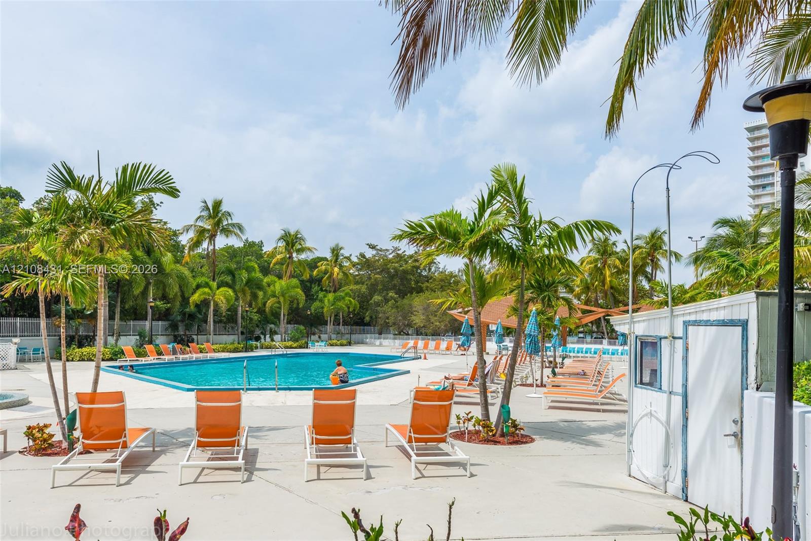 Swimming pool with concrete decking, palm tree landscaping, and a covered pavilion Swimming pool with concrete decking, palm tree landscaping, and a covered pavilion