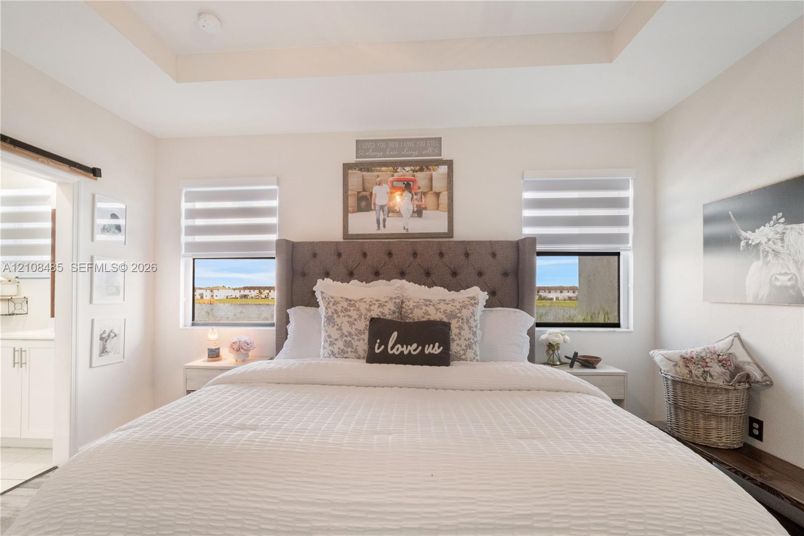 Tray ceiling, dual windows with integrated cellular shades, and sliding barn door hardware