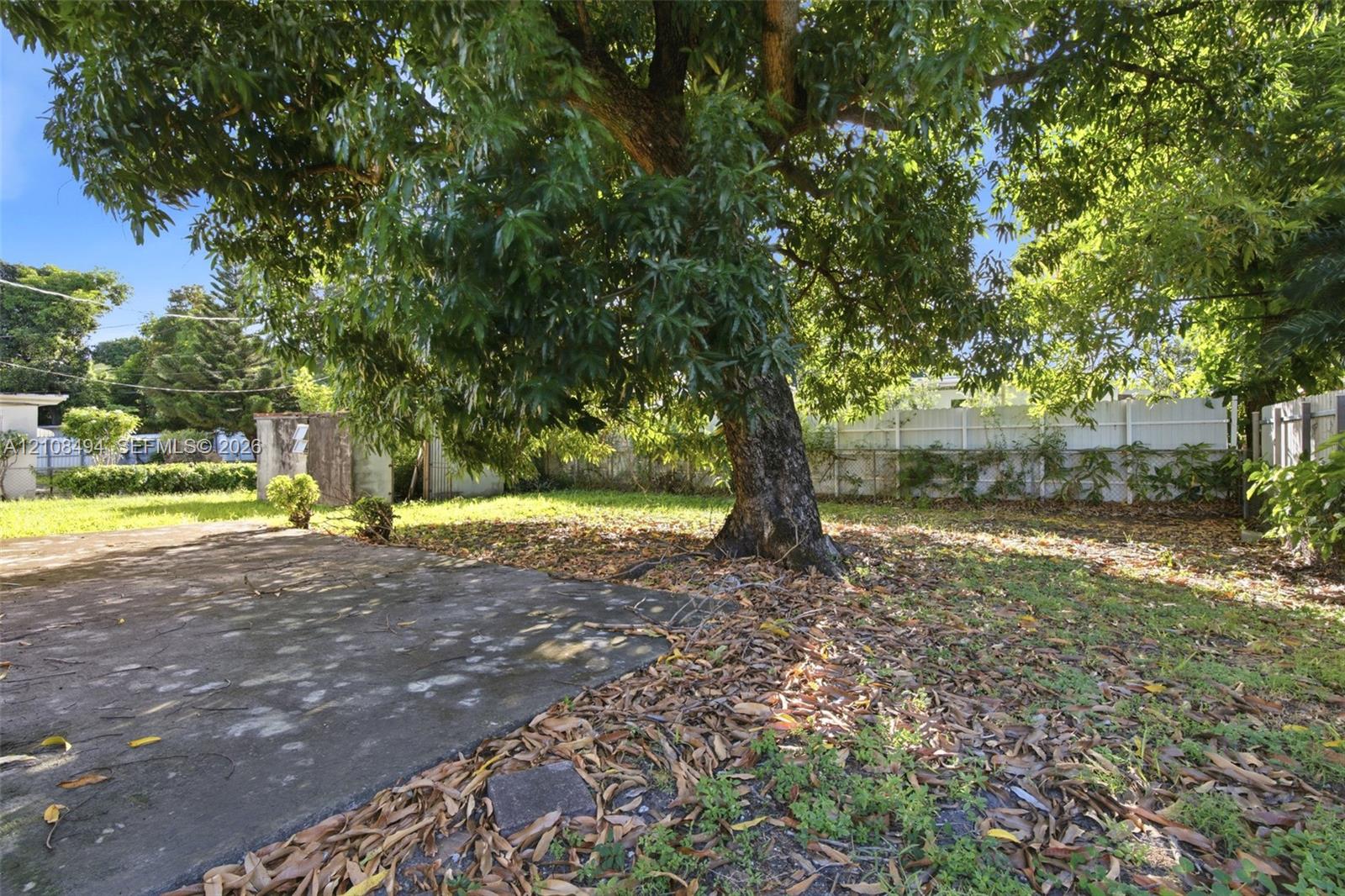 Backyard space featuring a concrete patio, mature tree, and perimeter fencing