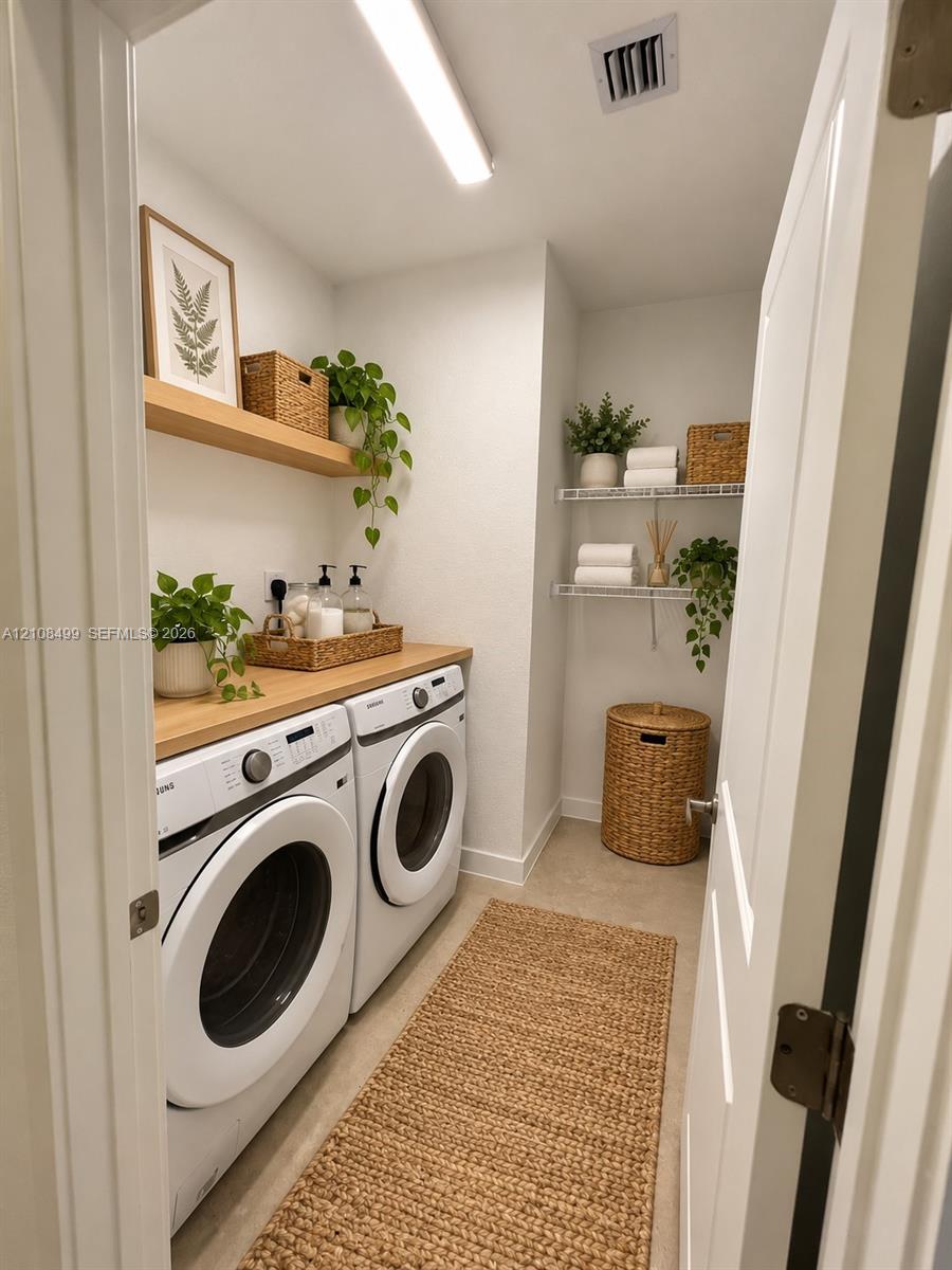 Laundry space featuring wood-finish shelving, a dedicated wood-surface countertop, and wire storage shelving