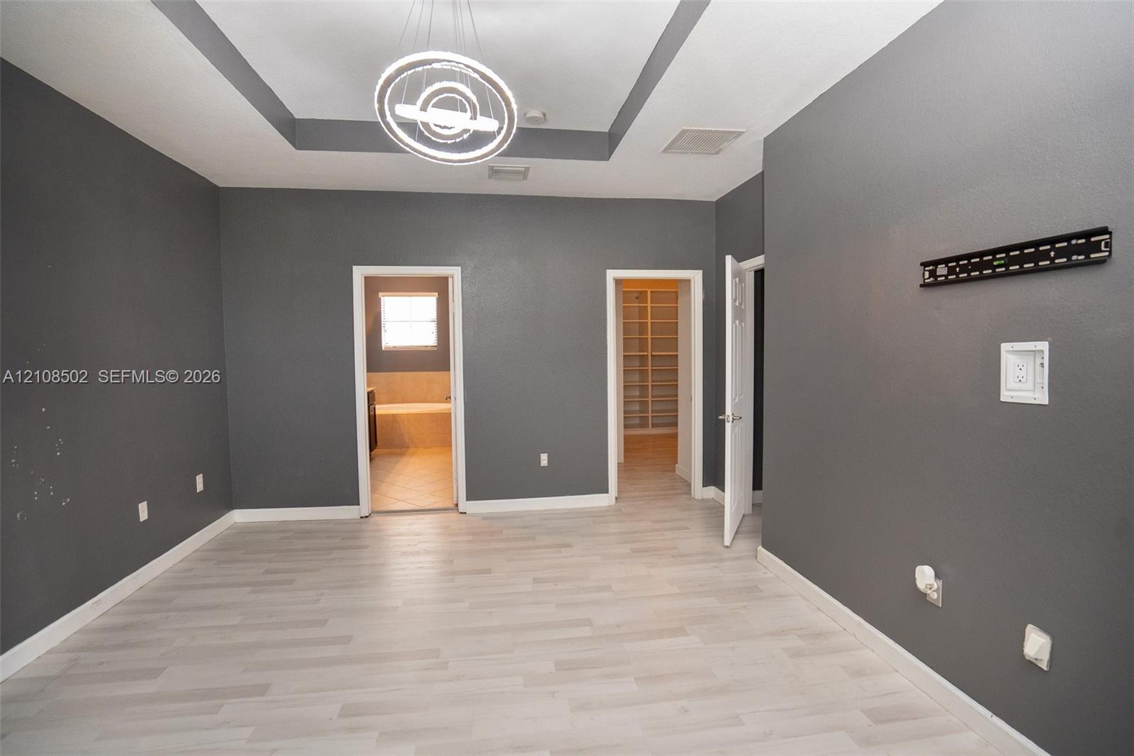 Tray ceiling with a circular contemporary pendant light fixture, wood-finish flooring, and two interior doorways leading to separate spaces with built-in storage
