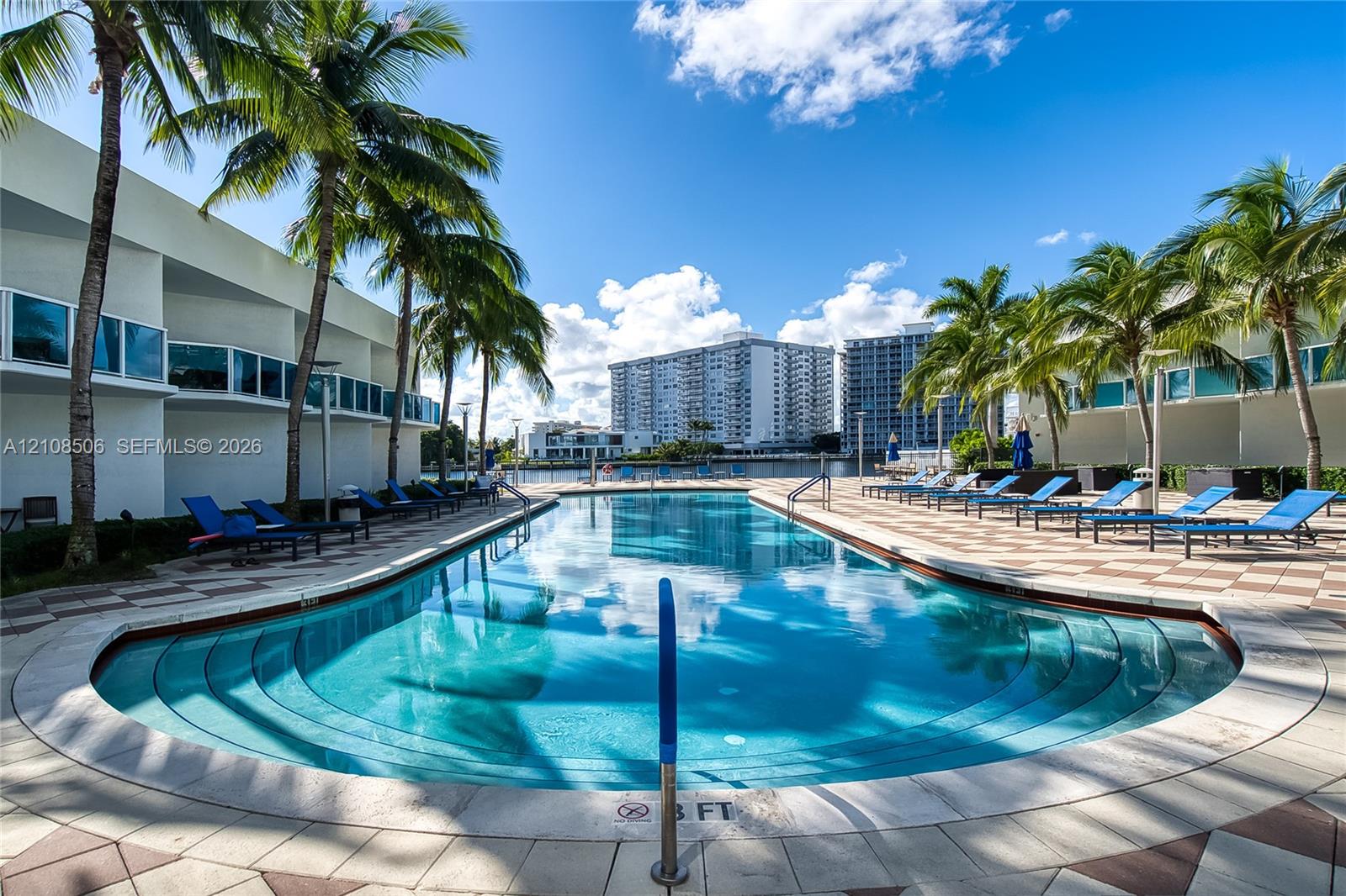 Swimming pool featuring a sun shelf entry, paved pool deck, and integrated landscaping with mature palm trees