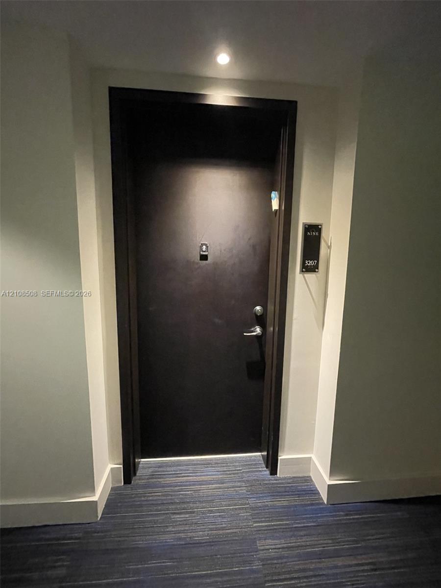 Dark finish solid-core door with metallic hardware, integrated electronic security lock, and recessed ceiling lighting