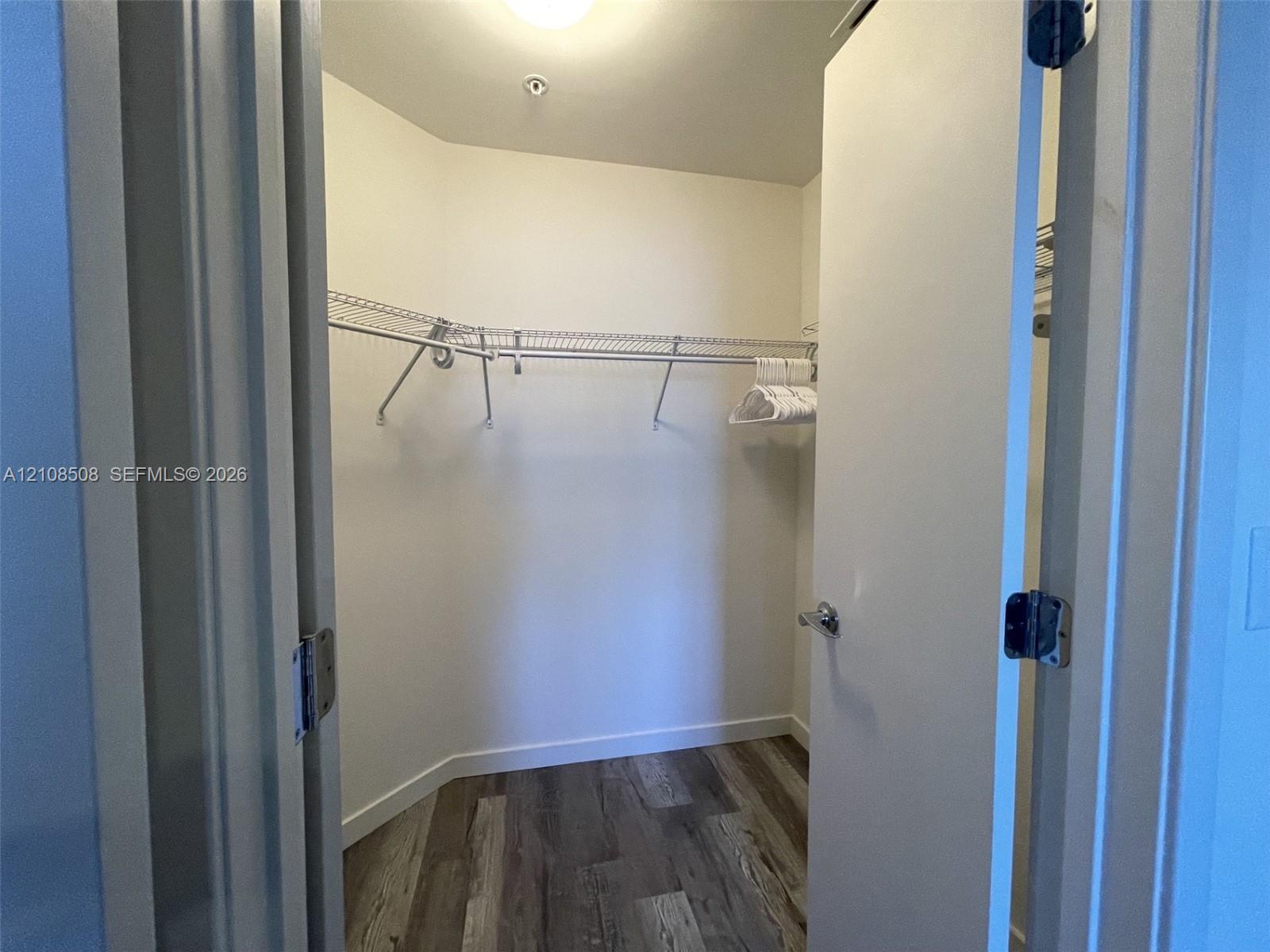 Walk-in closet featuring wood-finish flooring and integrated wire shelving