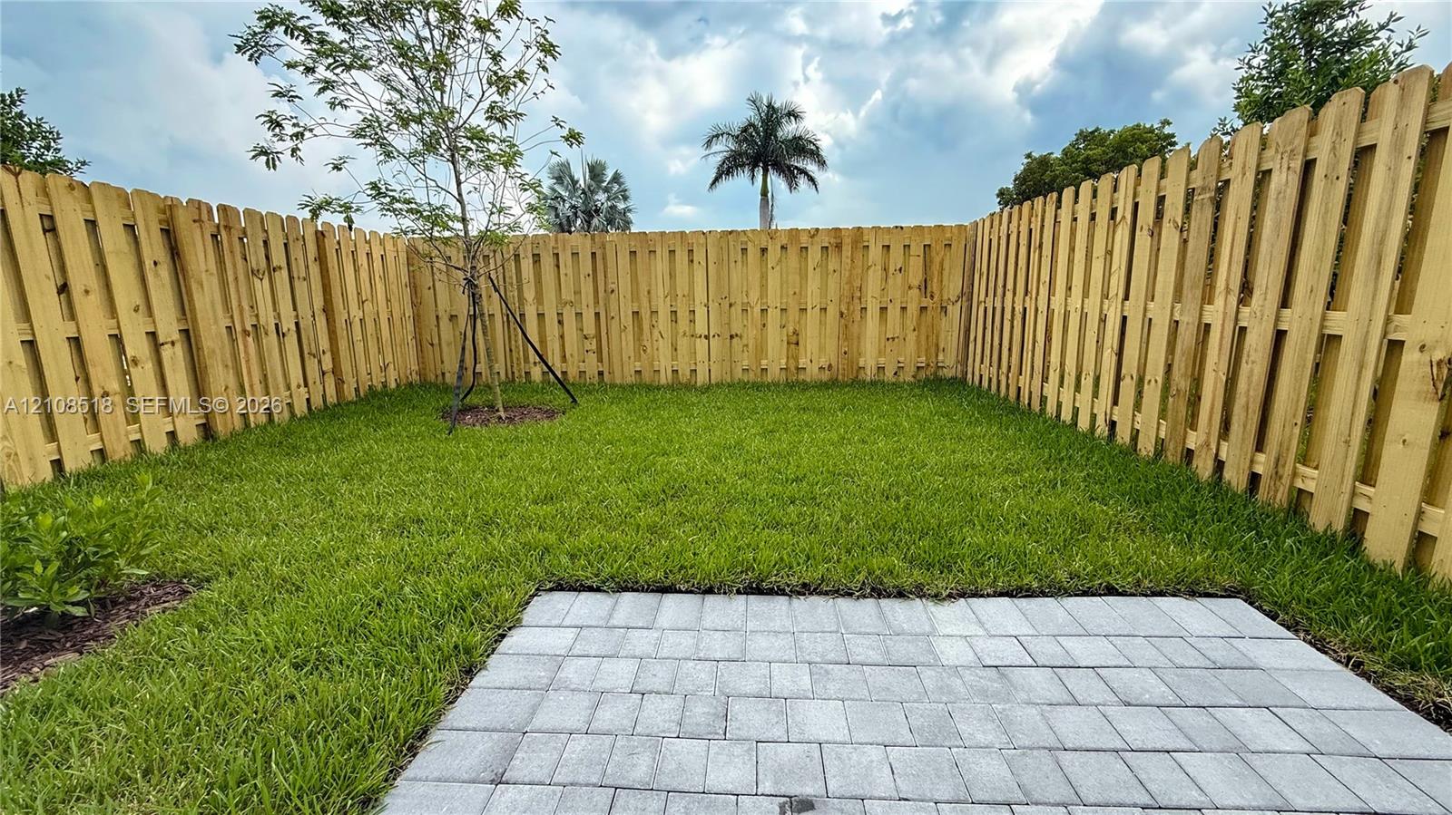 Fenced backyard featuring a manicured lawn, paver patio, and young tree