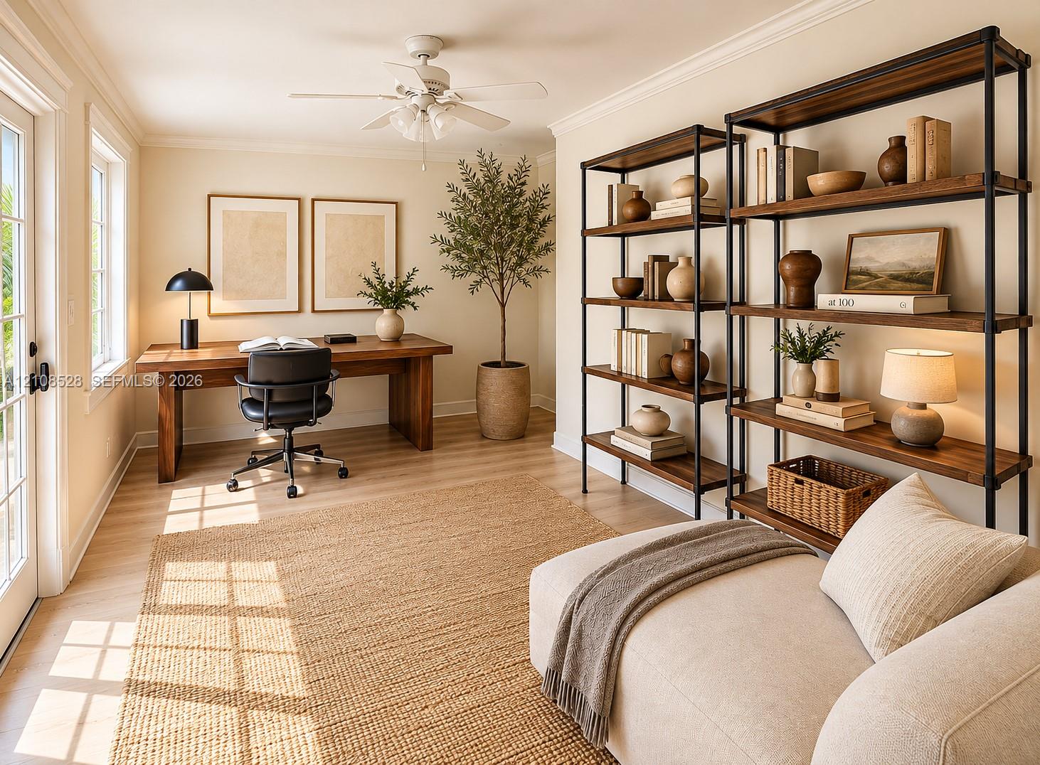 Room featuring wood-finish flooring, a ceiling fan with integrated lighting, dual window installations, and a glass-paneled exterior door