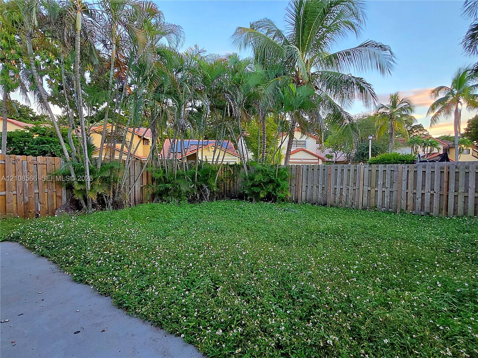 Backyard featuring mature palm trees, a grass lawn, and a wooden privacy fence