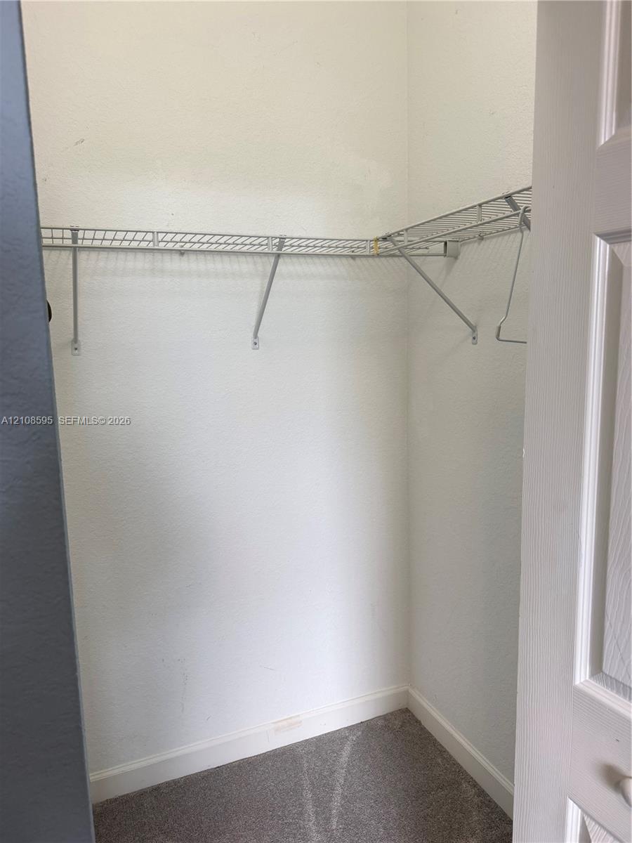 Storage closet featuring gray carpeted flooring and installed wire shelving