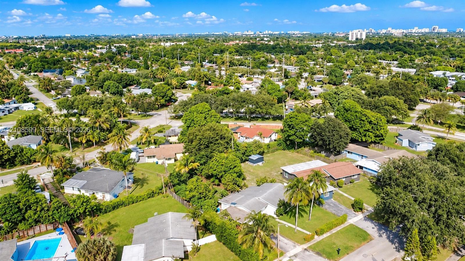 Aerial perspective featuring mature tree canopy, residential street infrastructure, and varied rooflines