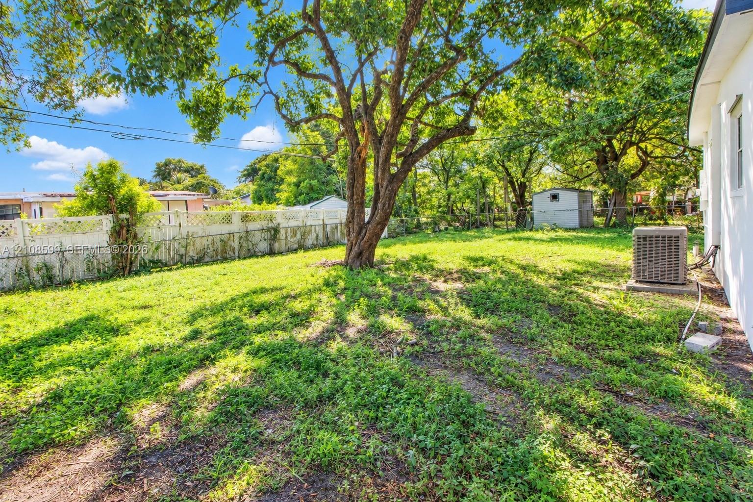 Backyard area featuring mature trees, a white lattice fence, and a detached storage structure