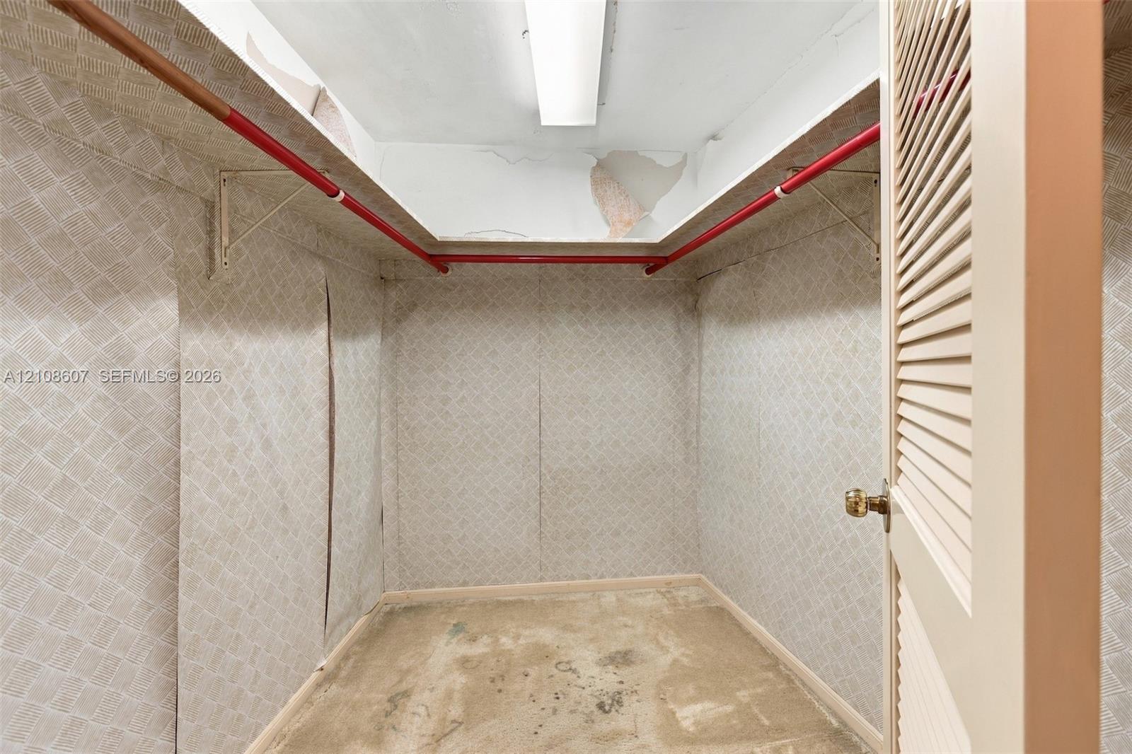 Storage space featuring patterned wall covering, dual integrated hanging rods, and a louvered door