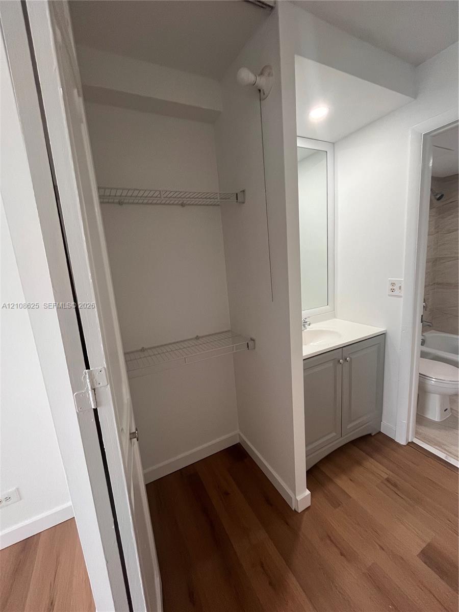 Closet featuring white wire shelving, wood-finish flooring, and a vanity with a white countertop and gray cabinetry